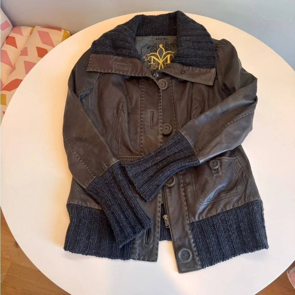 Mackage brown leather jacket size M with big buttons and zipper and knit accents